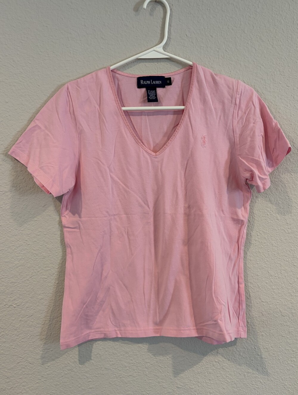 Ralph Lauren Womens Pink Cotton Embroidered Pony V Neck Short Sleeve T Shirt SM